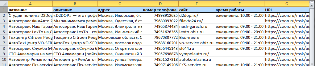 Результаты работы парсера zoon.ru