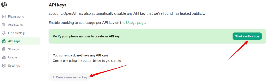 создание ключа API OpenAI